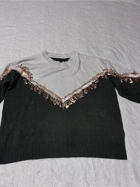 SHEIN Black & Light Gray Crewneck Sweater with Rose-Gold Sequin Fringe